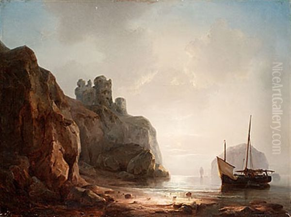 Kustlandskap Med Borgruin Och Skepp - view 1