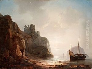 Kustlandskap Med Borgruin Och Skepp by Hermann Rudolf Hardorff the Younger