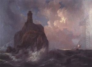 Stormy Seascape With Lighthouse by Hermann Rudolf Hardorff the Younger