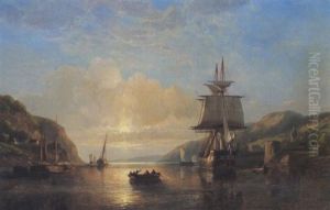 Fluslandschaft Mit Segelschiffen Bei Untergehender Sonne by Hermann Rudolf Hardorff the Younger