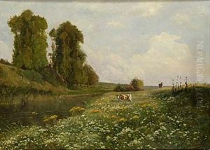 Franskt Flodlandskap Med Boskap by Ernest Alfred Hardouin