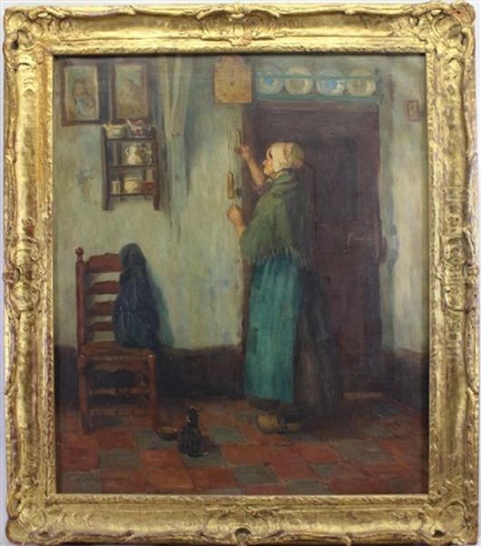 Painting Of A Woman And A Cat In An Interior Setting - view 1
