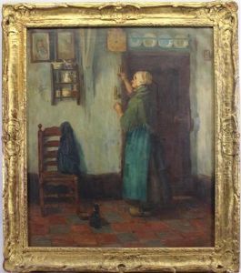 Painting Of A Woman And A Cat In An Interior Setting