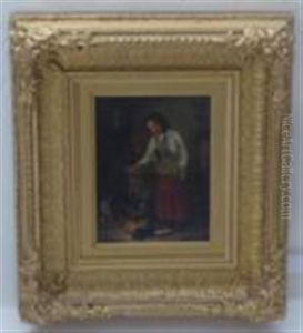 Young Girl Feeding A Dog And Two Puppies In A Cottage Interior by James Hardy Jr.