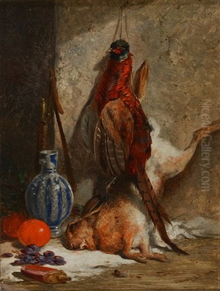 Still Life - A Pheasant, Hare, Stoneware Bottle And Fruit By A Wall - view 1