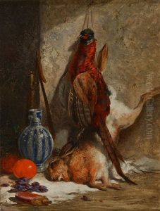 Still Life - A Pheasant, Hare, Stoneware Bottle And Fruit By A Wall by James Hardy Jr.
