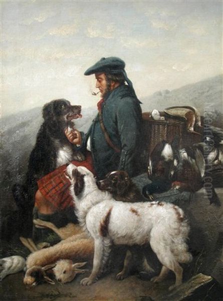 A Scottish Keeper With His Hounds On A Moor, Dead Game In A Basket Beside Them - view 1