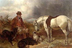 A Gillie With His Pony And Dogs