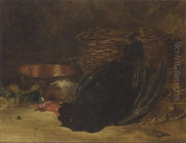 A Turkey, Mallard, Copper Pot And Wicker Basket - view 1