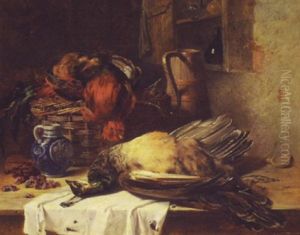 Nature Morte With Peacock And Basket Of Fowl by James Hardy Jr.