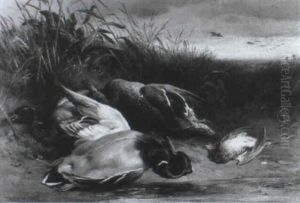Drakes, A Mallard And A Snipe On A Riverbank