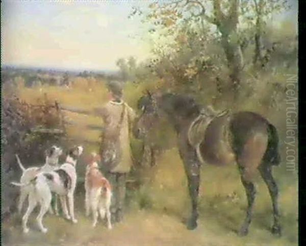 Young Boy With Two Pointers, A Retriever And A Pony By A Stile - view 1
