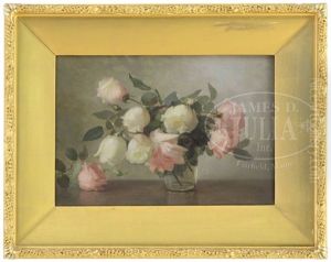 Arrangement Of White And Pink Roses In A Glass Vase by Anna Eliza Hardy