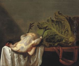 A Plucked Chicken, Cabbage And Sausages On A Partially Draped Table A Plucked Chicken, Cabbage And Sausages On A Partially Draped Table