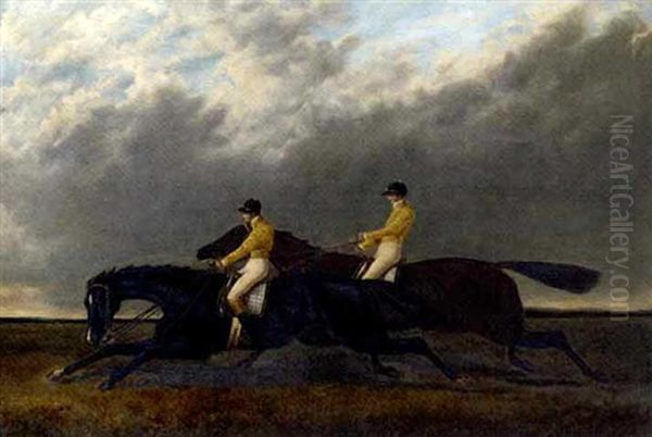 The Finish Of The Doncaster St. Leger 1840: "launcelot", A Black Racehorse, With William Scott Up, Winning From "maroon" A Bay Racehorse; Both Colts Were Owned By The Marquess Of Westminster - view 1