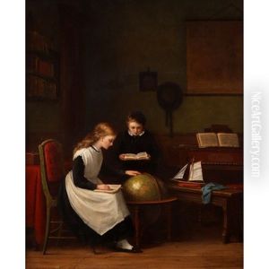 Two Children Studying With A Globe And Piano by Frederick Daniel Hardy