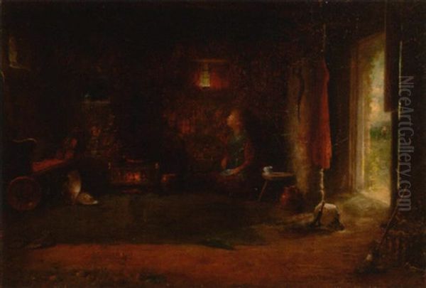 A Cottage Interior With A Girl Seated By The Fire - view 1