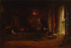 A Cottage Interior With A Girl Seated By The Fire by Frederick Daniel Hardy