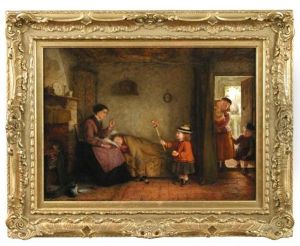 A Small Girl In Red Trying To Cheer Her Sick Sister With A Puppet by George Hardy