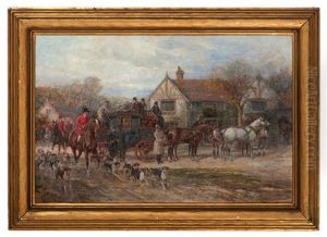Village Scene With Carriage And Dogs by Heywood Hardy