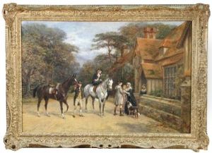 A Lady Side-saddle On A Grey Horse, A Groom Holding A Dark Bay, A Gentleman Greeting A Lady Outside A Country House by Heywood Hardy