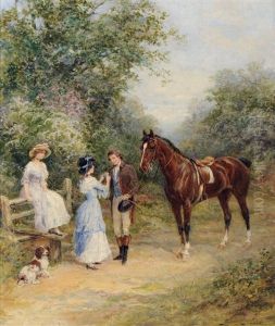 A Dismounted Gentleman With Ladies At A Country Stile; A Gentleman And His Horse At A Cottage Door (2 Works) by Heywood Hardy