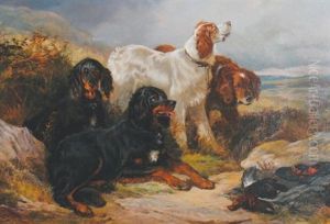 Waiting Hunting Dogs In A Landscape by Heywood Hardy