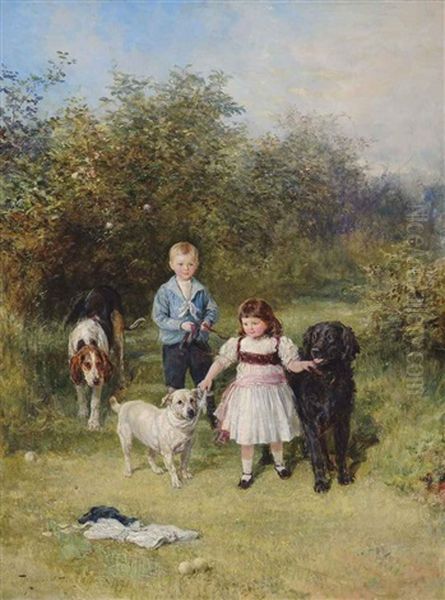 A Boy And Girl With Their Pets In A Garden - view 1