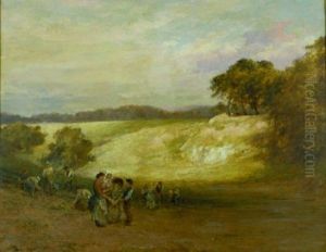 Sunlit Landscape With Peasants Gathering Vegetables by Heywood Hardy