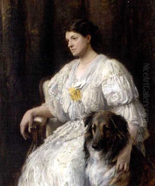 Portrait Of A Lady In A White Dress, A Collie By Her Side - view 1