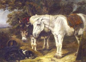 A Pony, A Donkey And A Dog Resting Beneath A Tree by Heywood Hardy