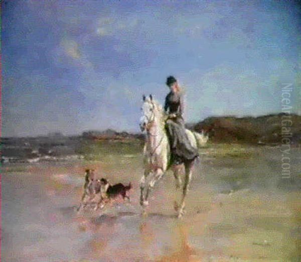 A Girl On A Grey Horse Cantering With Two Dogs On  A Windswept Beach  A Couple Riding Towards A Sea View - view 1