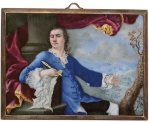 An Artist Seated In A Landscape, Leaning On His Portfolio Bursting With Papers And Holding A Quill In His Right Hand, In White-lined Blue Velvet Coat With Lace-bordered White Shirt With Frilled Cuffs by Kaspar Bernhard Hardy