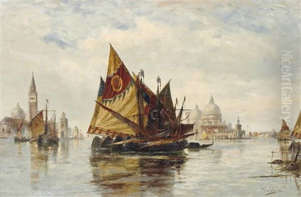 Bragozzi On The Venetian Lagoon With Santa Maria Della Salute Observed Beyond - view 1