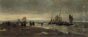 Dutch Fisherfolk Unloading The Day's Catch Onto The Beach At Scheveningen