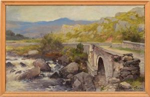 Bridge Over A Roaring Stream by Augustus William Hare