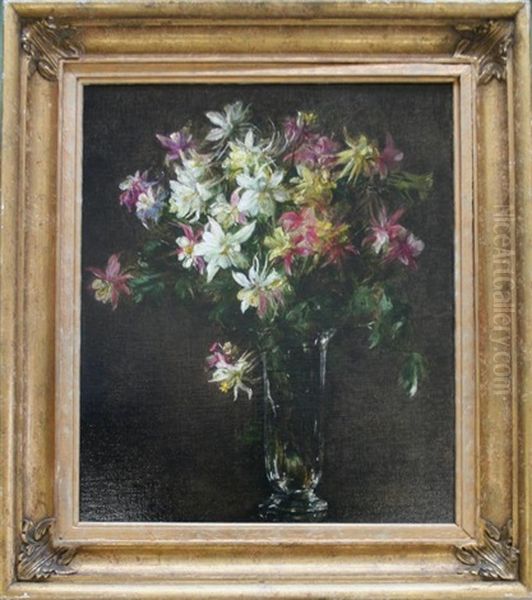 Homage To Fantin Latour: Mixed Aquilegia In A Glass Vase - view 1