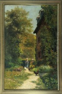 Haus Mit Zwei Personen Und Huhnern Im Hinterhof