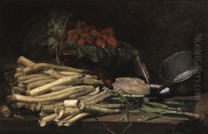 Stilleben Mit Spargel, Zwiebeln, Fleisch Und Einem Korb