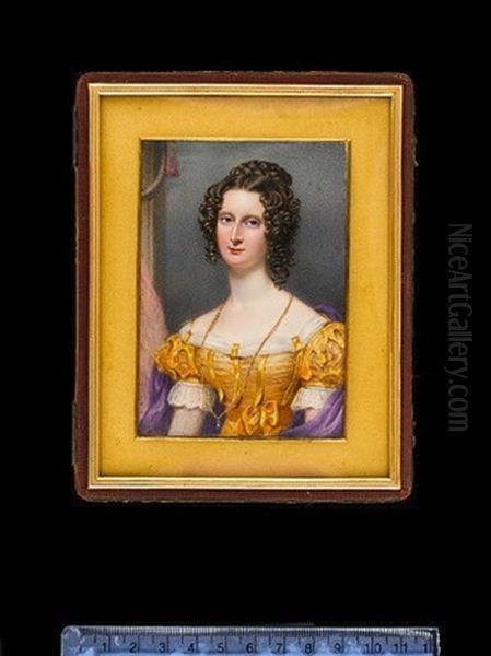 A Lady, Wearing Yellow Dress With Short Puffed Sleeves And Lavishly Trimmed With Ribbon And Lace, A Purple Shawl Passed Around Her Shoulders, Gold Necklace, Her Brown Hair Plaited And Curled - view 1