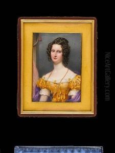 A Lady, Wearing Yellow Dress With Short Puffed Sleeves And Lavishly Trimmed With Ribbon And Lace, A Purple Shawl Passed Around Her Shoulders, Gold Necklace, Her Brown Hair Plaited And Curled