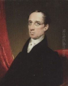 Mr. Crockett Junior Wearing Spectacles, Black Coat, Waistcoat And White Cravat With Stickpin, A Red Curtain To His Right by George Hargreaves
