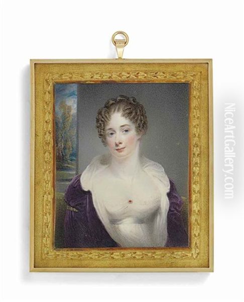 A Young Lady, In White Dress And Purple Velvet Gown; Landscape Background - view 1