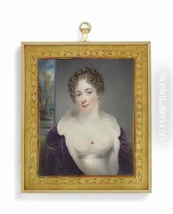 A Young Lady, In White Dress And Purple Velvet Gown; Landscape Background