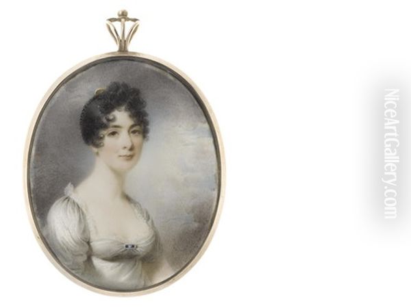 Mrs Mary Gaskell (d.1845), Wearing White Dress Edged With Lace, Sapphire Brooch At Her Corsage, Her Raven Hair Braided, Curled And Upswept With A Tortoiseshell Comb - view 1