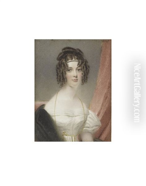A Lady, Called Clementina Herbert Nee Beckwith (d.1864), Seated Before Red Drapery And Wearing White Decollete Dress, Her Black Stole Draped Over Her Right Shoulder - view 1