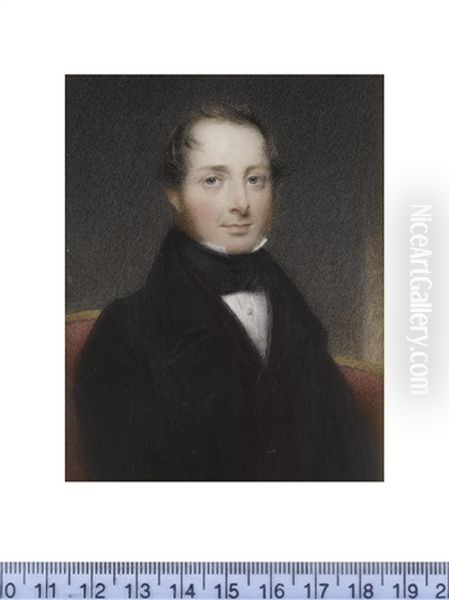 A Gentleman, Seated On A Crimson Upholstered Chaise-longue, Wearing Black Coat, Plum Waistcoat, White Chemise And Black Tied Stock - view 1