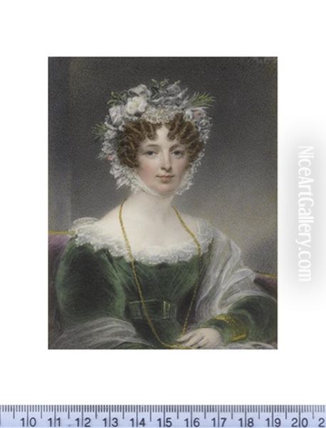 A Lady, Seated On A Plum Upholstered Chaise-longue, Wearing Green Dress With Bouffant Sleeves And Double-tiered White Lace Trim, Her White Shawl Draped About Her Arms - view 1