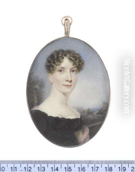 A Lady, Seated In A Landscape, Wearing Black Dress Over White Chemise, Gold Earring, A Damask Pink Shawl Draped About Her Shoulders, Her Hair Curled... - view 1