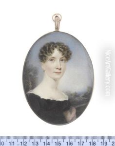 A Lady, Seated In A Landscape, Wearing Black Dress Over White Chemise, Gold Earring, A Damask Pink Shawl Draped About Her Shoulders, Her Hair Curled...